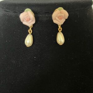 1928 Elegant Pink Rose and Pearl Drop Earrings